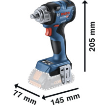 Bosch batteridrivna mutterdragare med måtten 205 mm höjd, 77 mm bredd och 145 mm längd.