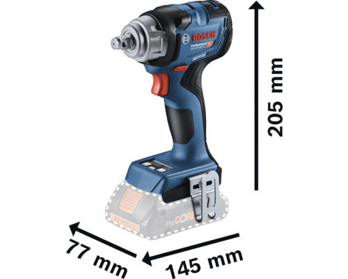 Bosch batteridrivna mutterdragare med måtten 205 mm höjd, 77 mm bredd och 145 mm längd.