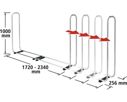 Cykelställ med måtten 1000 mm höjd, 1720 till 2340 mm bredd och 256 mm djup