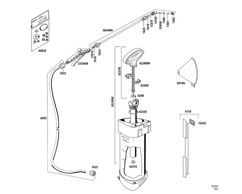 Sprängskiss av en trädgårdsspruta med olika delar.