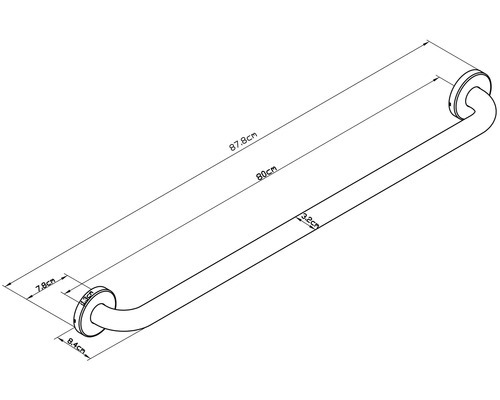 Teknisk ritning av ett stödhandtag med måttangivelser